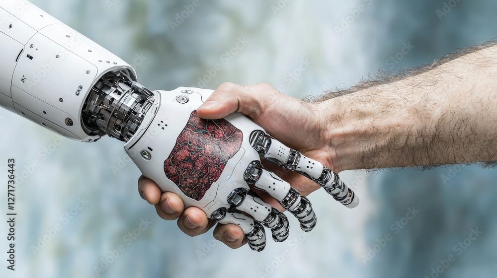Poster Humanoid robot shakes hands with human technology lab image modern environment close-up collaboration concept