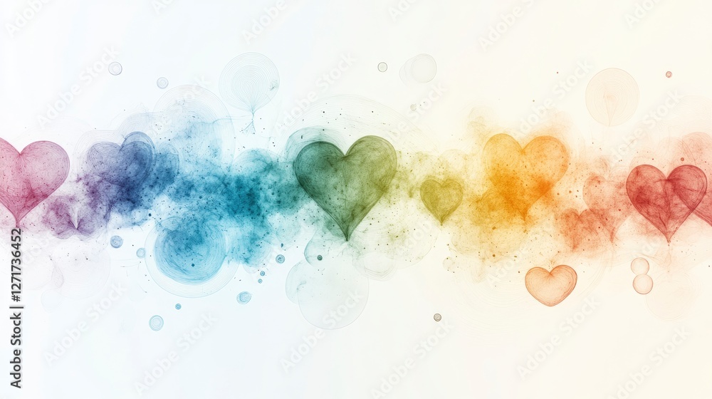 Poster colorful abstract heart shapes blending with vibrant hues and soft textures, creating a lively emoti