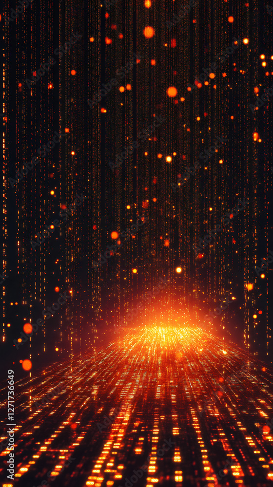 Poster digital orange data cascade streaming over luminous surface representing cyber network flow