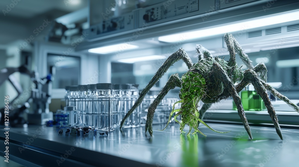 Poster Alienlike bioengineered creature in laboratory sci-fi environment detailed close-up view futuristic concept