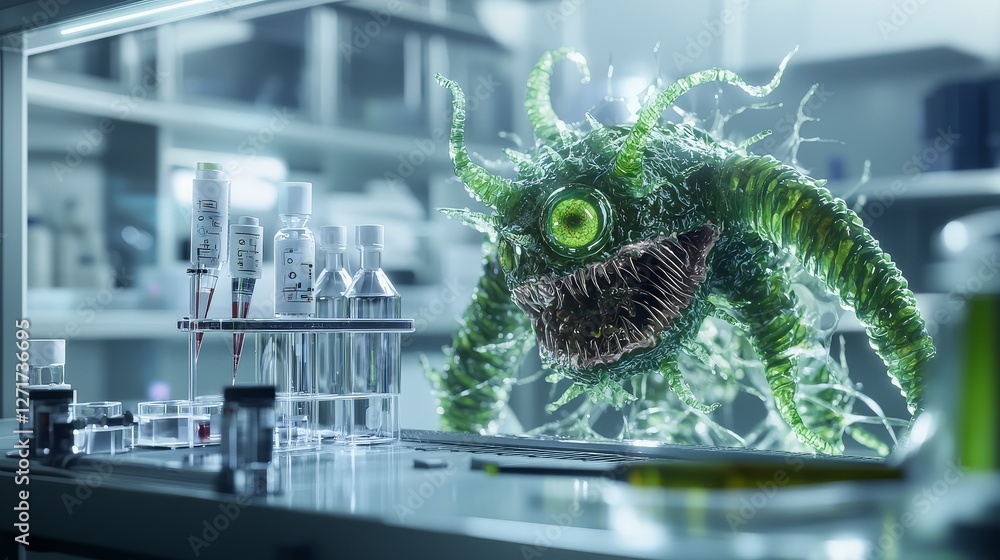 Poster alienlike bioengineered creature encounter in laboratory science fiction environment close-up perspe