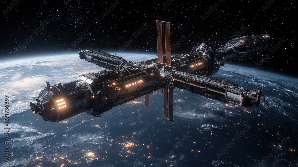 Poster Aerial adventure exploring a tranquil science hub in a futuristic space station orbiting earth