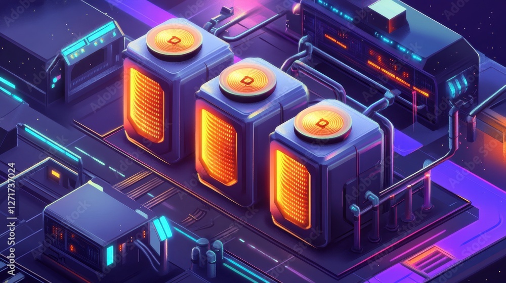 Aufkleber cryptocurrency mining farm with futuristic glowing data servers.