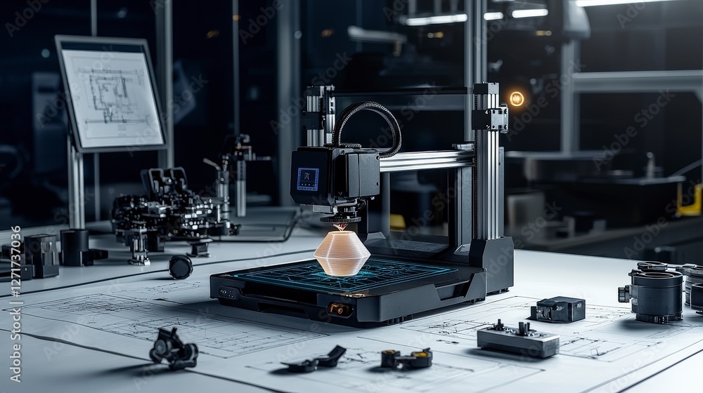Aufkleber Modern 3d printer producing intricate designs in high-tech workshop environment capturing innovation and creativity