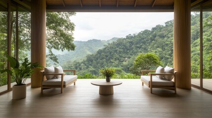 Fototapeta premium Serene mountain view from a modern interior with comfortable seating and lush greenery
