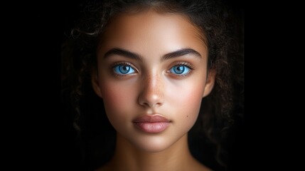 Fototapeta premium A woman with blue eyes and brown hair. She has a very nice smile. The photo is black and white
