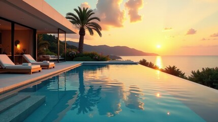 Serene Sunset Vista Modern Architectural Design Featuring Infinity Pool and Luxurious Outdoor Lounging Area at Golden Hour