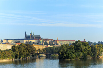 Legia bridge on the background of St. Witt Cathedral in Prague. Czech Republic.