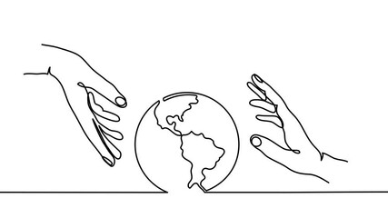 Earth day single line animated illustration with hands and globe. One continuous self drawing line animation, footage with earth