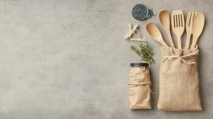 Bamboo cooking utensils and organic spices arranged on a textured surface for culinary enthusiasts and home cooks