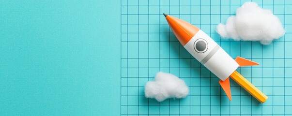 A bright turquoise background with graph paper elements, clouds, and a pencil rocket for a vibrant and modern look.