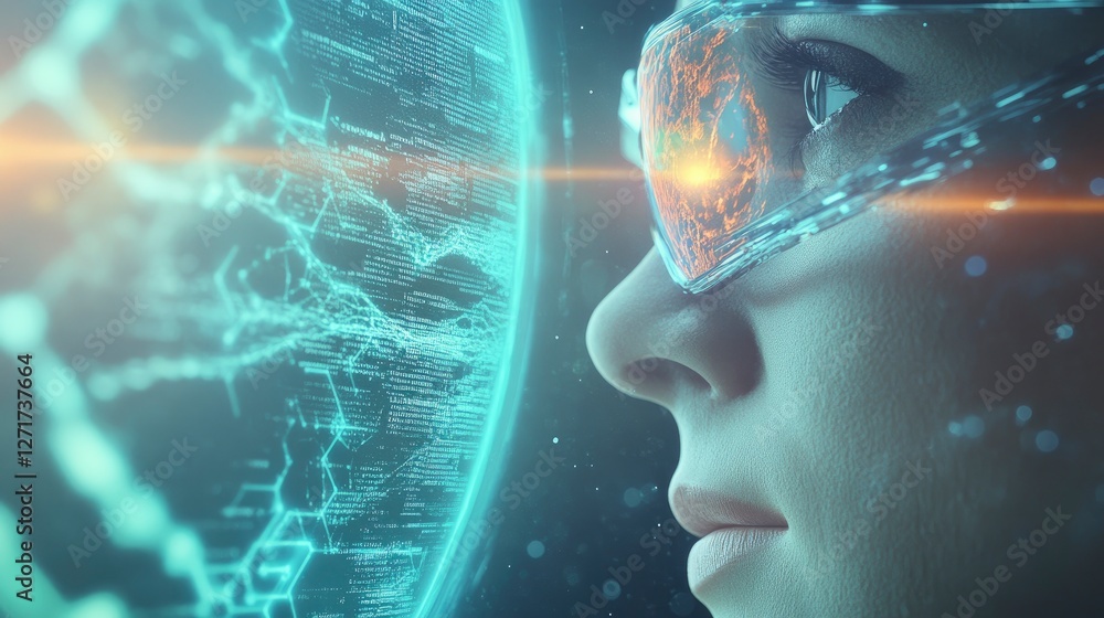 Poster close-up of a futuristic woman wearing advanced augmented reality glasses, gazing at a digital holog