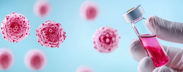 A concept of cancer research showing a hand holding a blood vial, with enlarged tumor cells in the background.