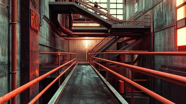 Industrial Architecture Corridor with Rusty Metal Pipes and Staircase - A Stunning Interior Design - Powered by Adobe