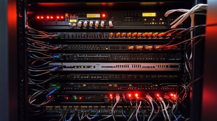 Fototapeta premium Intricate Network Server Rack System with Complex Connections and Illuminated Components