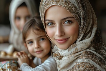 Muslim mother sets down beautifully wrapped gift on breakfast table filling atmosphere excitement and joy as her children eagerly await celebrate Eid.