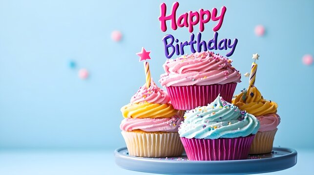  A stack of colorful cupcakes with "Happy Birthday" in playful text.
