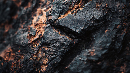 Close-up of textured rock surface with dark gray and gold colors. Intricate details, rough texture, natural beauty. Captivating earthy background.