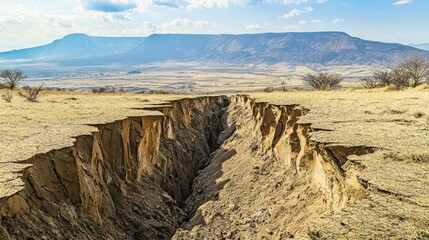 A photo of a rift valley formed by divergent boundary tectonic movements, with cracked earth and visible fissures.
