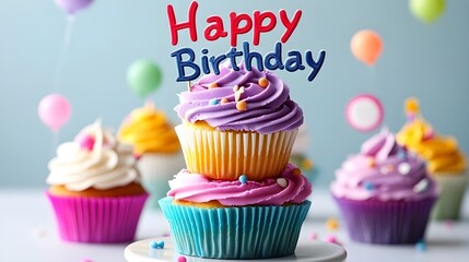  A stack of colorful cupcakes with "Happy Birthday" in playful text.
