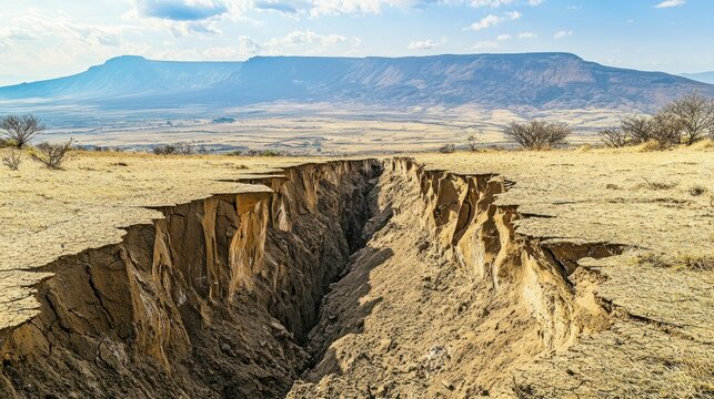 A photo of a rift valley formed by divergent boundary tectonic movements, with cracked earth and visible fissures.