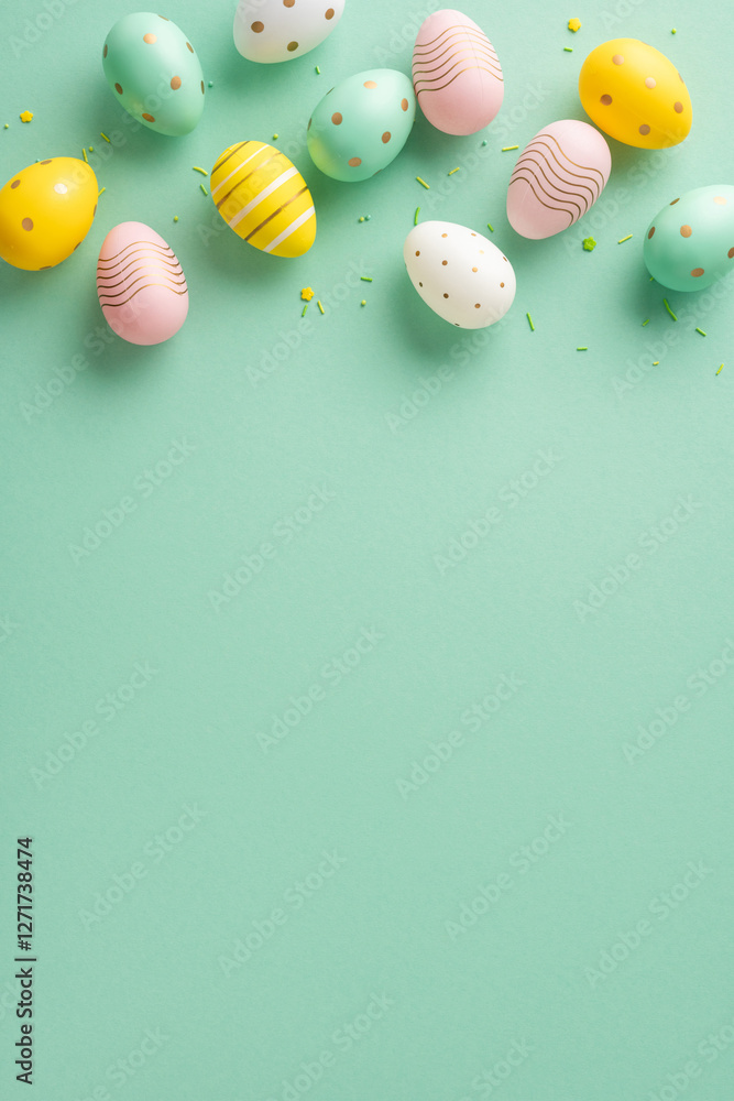 Wall mural decorative vertical easter eggs in pastel colors and different patterns arranged on a green surface