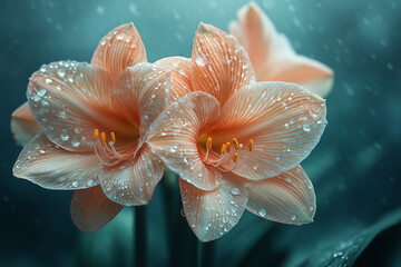 Fototapeta premium Dew-Kissed Amaryllis, Blossoming Elegance in a Serene Botanical Composition