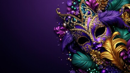 Mardi Gras masquerade joyful concept. A vibrant, ornate masquerade mask adorned with feathers, beads, and flowers, set against a deep purple background.