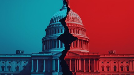 A fractured Capitol building sits illuminated by bold red and blue light, its split structure embodying the challenges of bridging ideological gaps in governance.