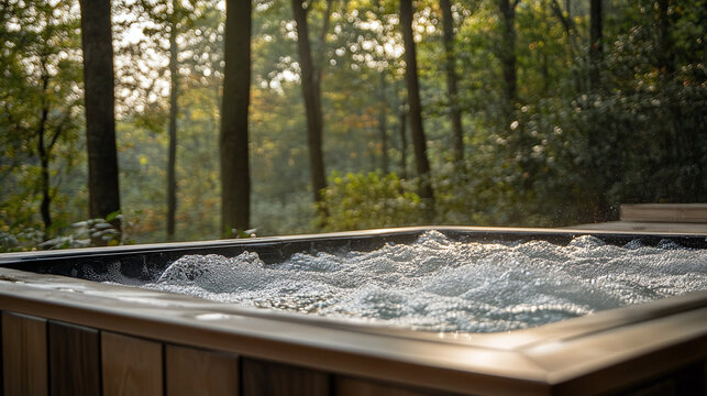 Relaxing Soak: Wooden hot tub in a serene forest setting, inviting relaxation and tranquility. Bubbling water creates a soothing ambiance.
