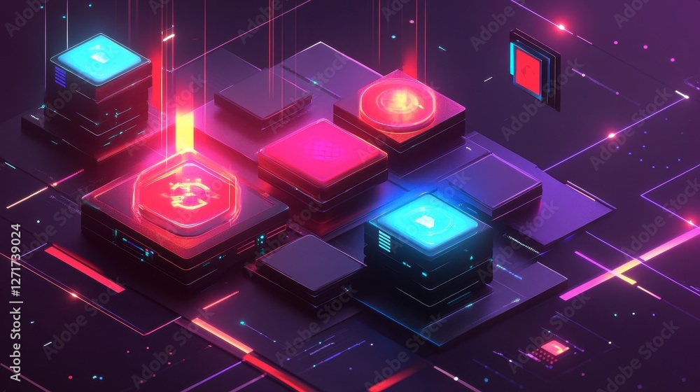 Poster futuristic digital currency exchange with holographic financial graphs and blockchain technology.