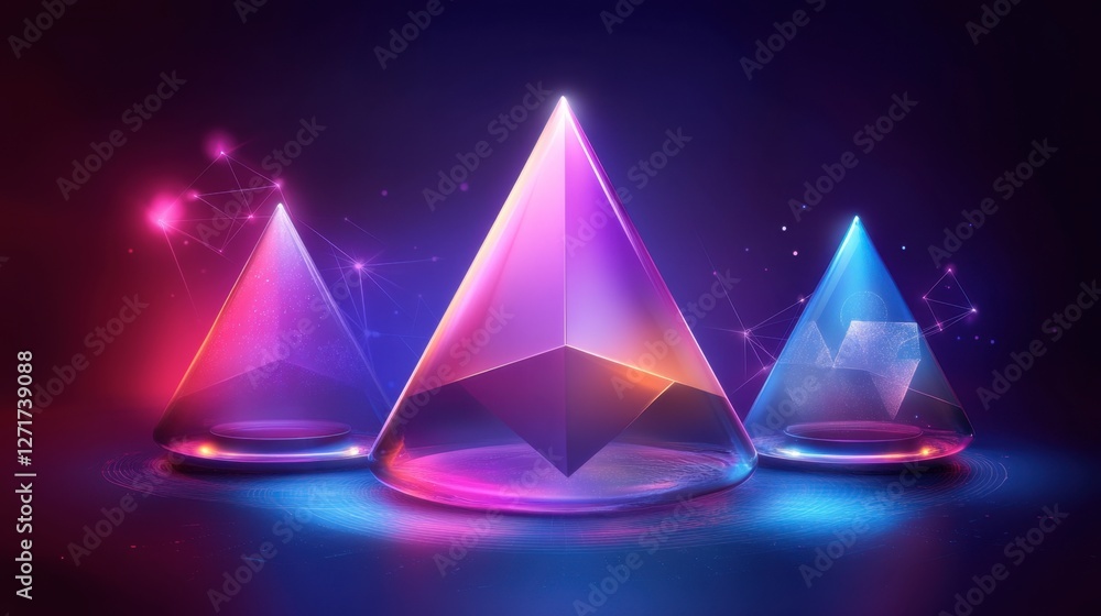 Poster futuristic digital currency exchange with holographic financial graphs and blockchain technology.