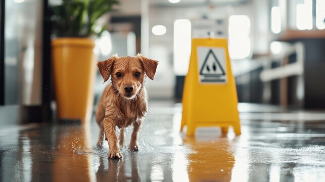 A joyful dog joyfully skids on a wet floor in a bustling office as a caution sign stands nearby. The background shows a blurry office creating a fun atmosphere perfect for light-hearted moments