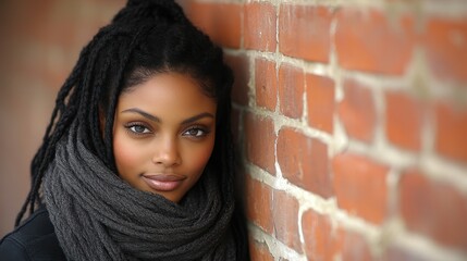 Naklejka premium A woman with dreadlocks is standing in front of a brick wall. She is wearing a scarf and has a smile on her face