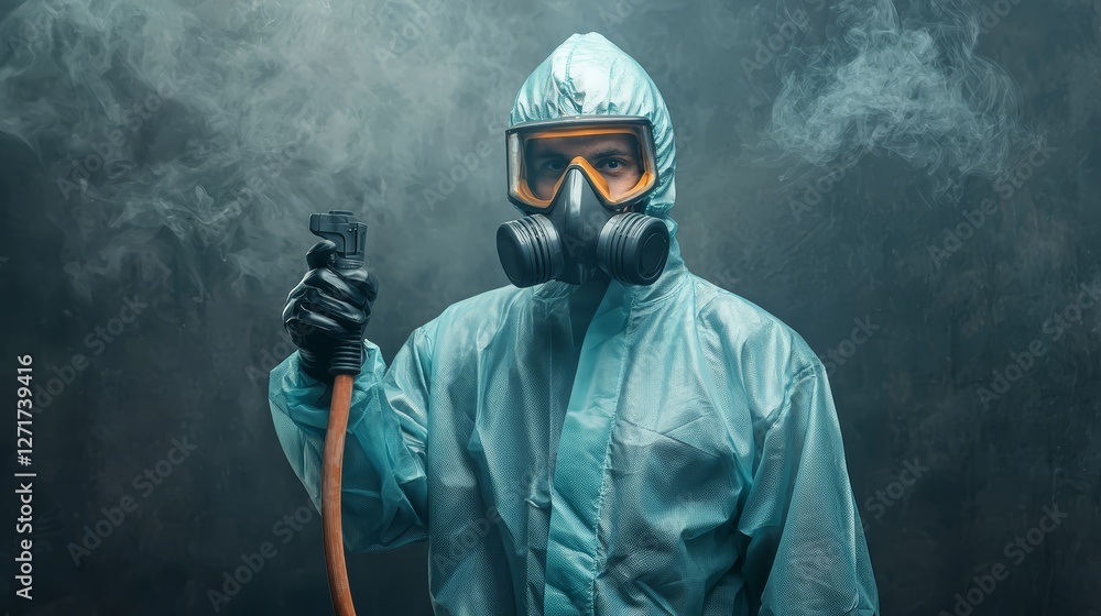 Aufkleber industrial worker in hazmat suit and gas mask safely handling a pipe in controlled environment
