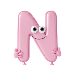 Cute letter N with big eyes in 3D cartoon style  Isolated on White Background
