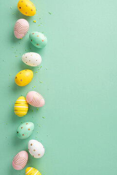 Decoratively painted Easter eggs in pastel colors with patterns placed on a vertical green background