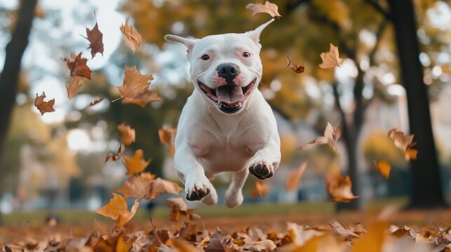 A joyful white dog leaps into a colorful pile of autumn leaves capturing the essence of fall in a park setting. The leaves are airborne showcasing playful excitement amidst nature