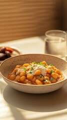 Fototapeta premium Delicious chana chaat served in a ceramic bowl with yogurt and tamarind chutney, alongside dates and water for a refreshing Iftar experience during Ramadan