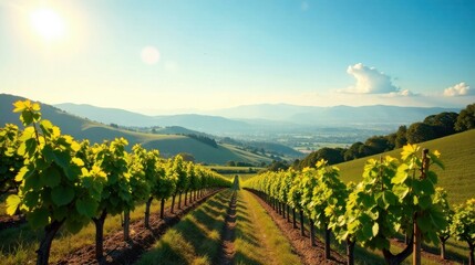 Fototapeta premium Serene Vineyard Rows Basking in Golden Sunlight, Extending to Distant Rolling Hills Under a Vast Blue Sky