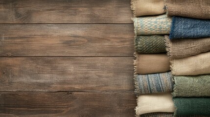 An assortment of textured fabrics neatly arranged against a rustic wooden background, showcasing versatility and natural tones