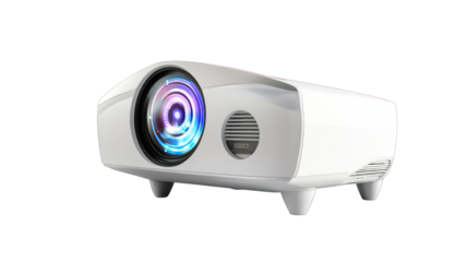 A white projector with a blue light on it