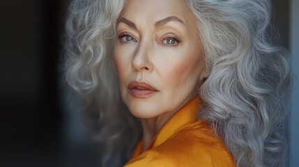 Fototapeta premium A woman with long gray hair and a yellow shirt. She has a serious expression on her face