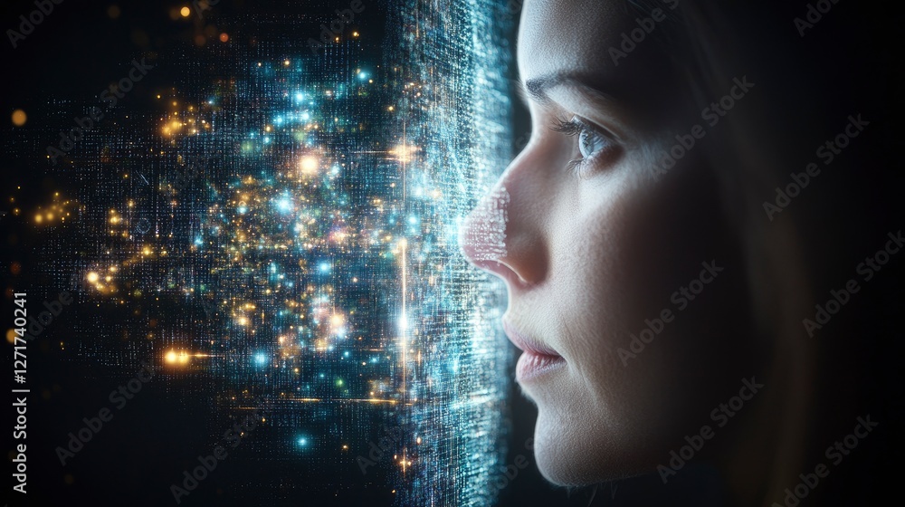 Poster a woman contemplating the digital universe, surrounded by a shimmering array of sparkling lights and