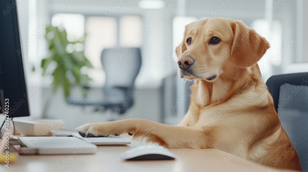 Fototapete a dog sits at a desk in a contemporary office its paw resting on a computer mouse with a focused exp