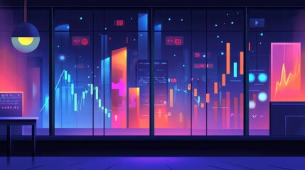 Obraz premium High-rise office buildings with stock market graphs reflecting on glass windows, symbolizing corporate success.