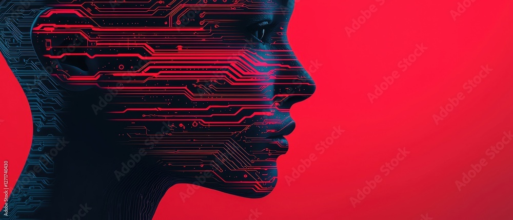 Poster a digital face silhouette with circuit patterns on a vibrant red background.