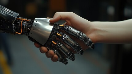 Human and AI collaboration represented through a handshake with robotic elements.