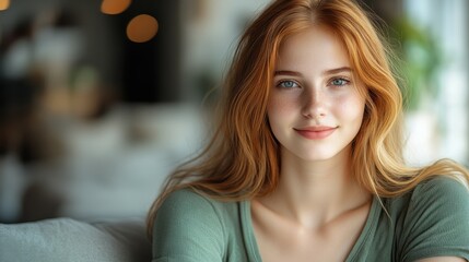 Obraz premium A woman with red hair and blue eyes is smiling at the camera. She is wearing a green shirt and is sitting on a couch