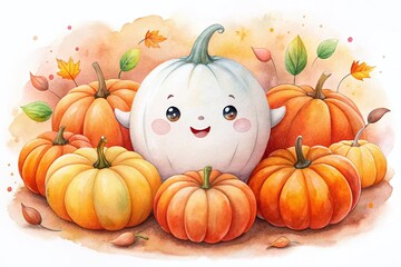 Cute Watercolor Halloween Ghost with Pumpkins - Spooky Fall Festive Illustration